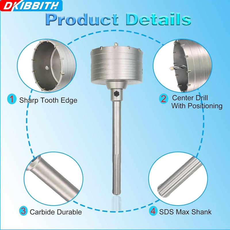 DKIBBITH 7-3/32" Concrete Hole Saw, 180mm Tungsten Steel Core Bit for Cinder Block, Brick, Rock, Plank Walls for Pipes or mini Split Lines, with SDS Max Shank and 2 Center Positioning Drill Bits. - Image 3